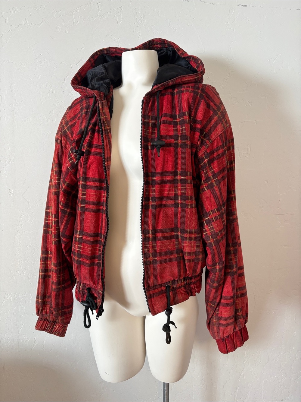 VTG! Wilsons Leather Red Plaid Hooded Bomber Jacket